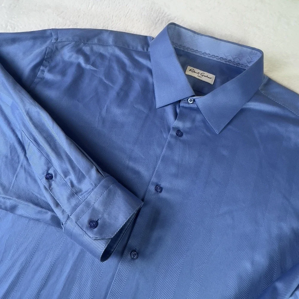 Robert Graham Shirt Mens 4XL/20 Blue Herringbone Dress Long Sleeve‎ Cotton
